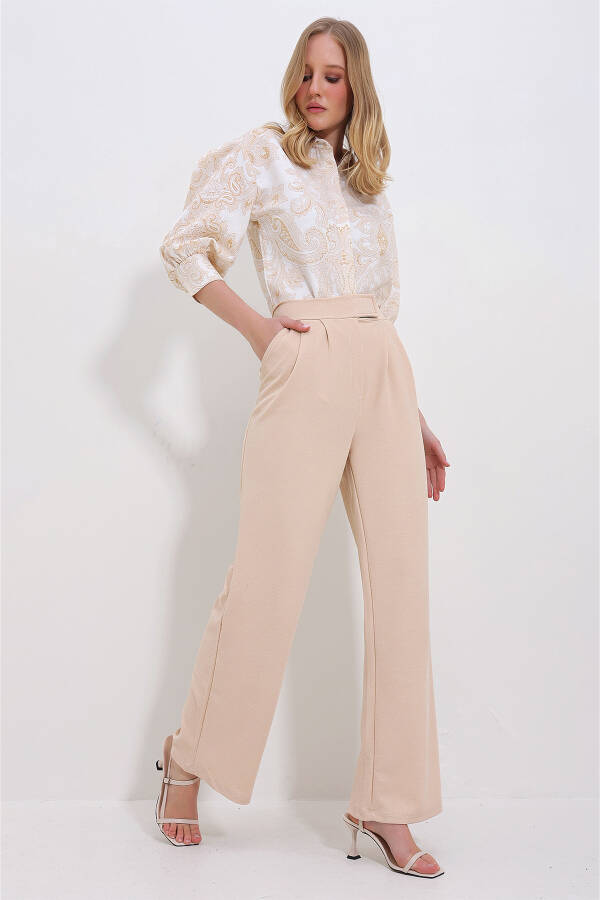 Women's Beige High Waisted Double Pocket Pleated Snap Closure Palazzo Pants ALC-X10753 - 4