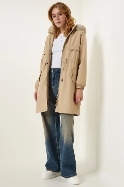 Women's Beige Hooded Fur Coat DD01292 - HAPPINESS İSTANBUL