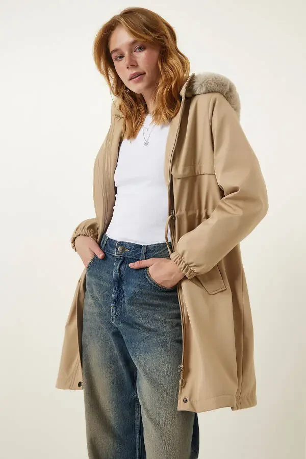 Women's Beige Hooded Fur Coat DD01292 - 2
