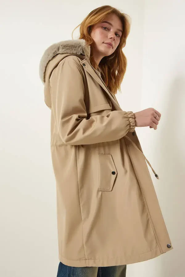 Women's Beige Hooded Fur Coat DD01292 - 3