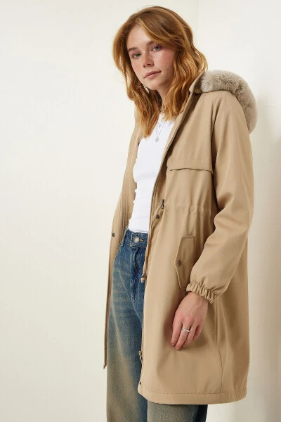 Women's Beige Hooded Fur Coat DD01292 - 4