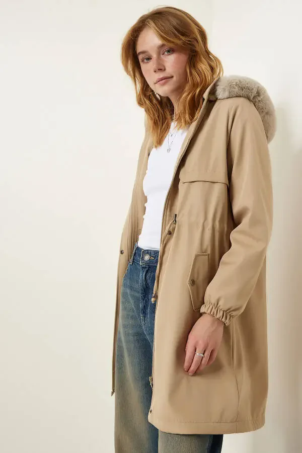 Women's Beige Hooded Fur Coat DD01292 - 4