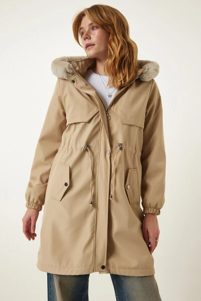 Women's Beige Hooded Fur Coat DD01292 - 5
