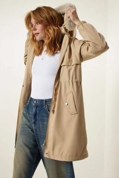 Women's Beige Hooded Fur Coat DD01292 - 6