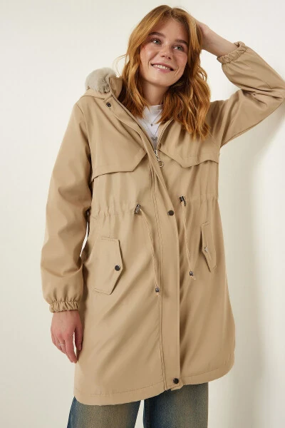 Women's Beige Hooded Fur Coat DD01292 - 7