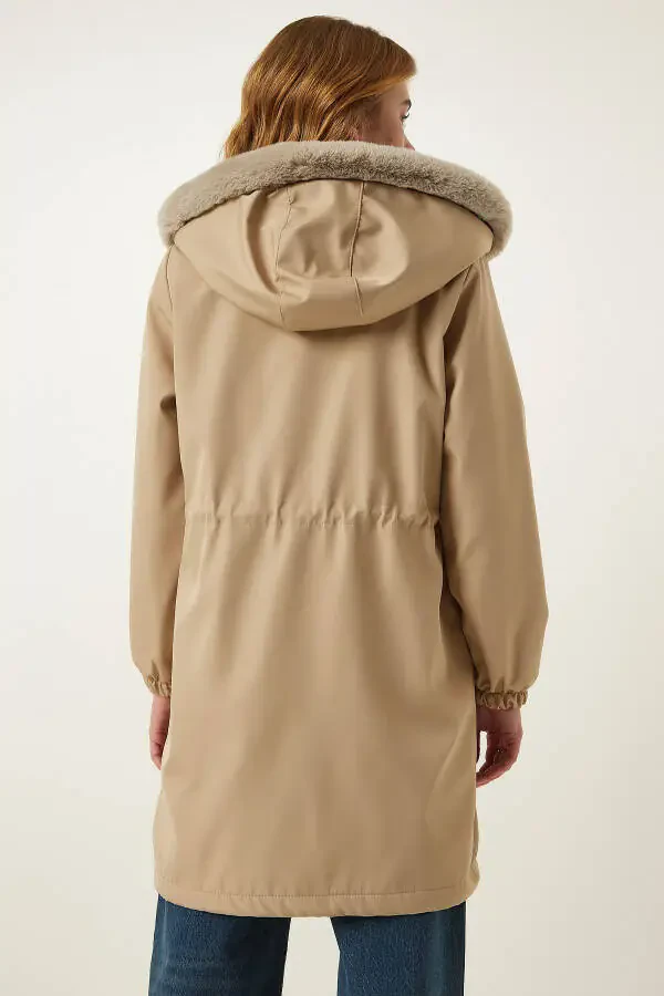 Women's Beige Hooded Fur Coat DD01292 - 9