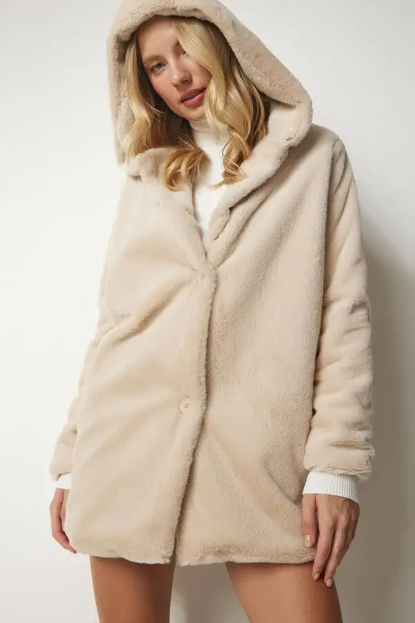 Women's Beige Hooded Oversize Furry Plush Coat RV00148 - 2