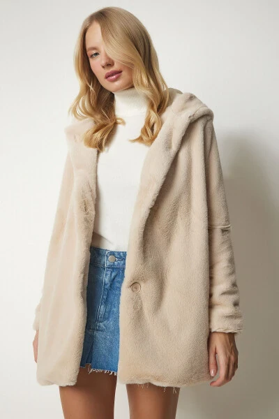 Women's Beige Hooded Oversize Furry Plush Coat RV00148 - 4