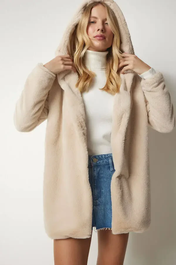 Women's Beige Hooded Oversize Furry Plush Coat RV00148 - 5