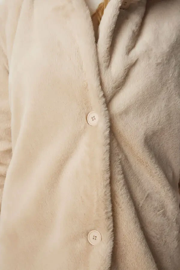 Women's Beige Hooded Oversize Furry Plush Coat RV00148 - 6