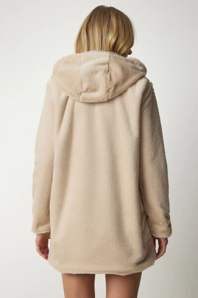 Women's Beige Hooded Oversize Furry Plush Coat RV00148 - 7