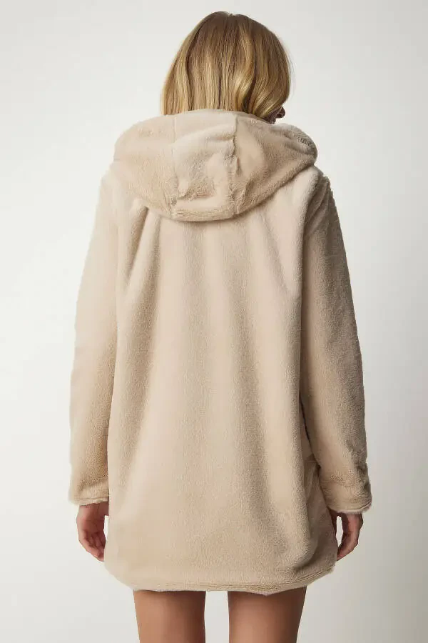 Women's Beige Hooded Oversize Furry Plush Coat RV00148 - 7