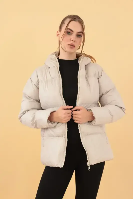 Women's Beige Hooded Puffer Jacket-Beige - 2