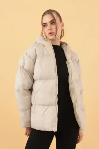 Women's Beige Hooded Puffer Jacket-Beige - 3