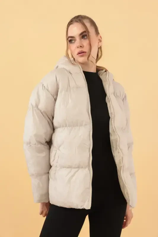 Women's Beige Hooded Puffer Jacket-Beige - 3