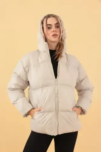 Women's Beige Hooded Puffer Jacket-Beige - 4