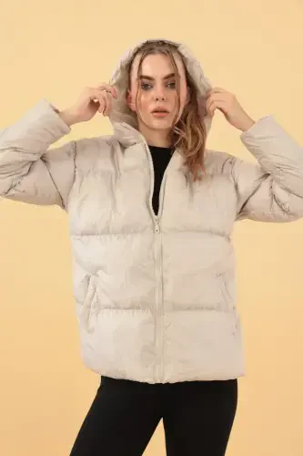 Women's Beige Hooded Puffer Jacket-Beige - 5