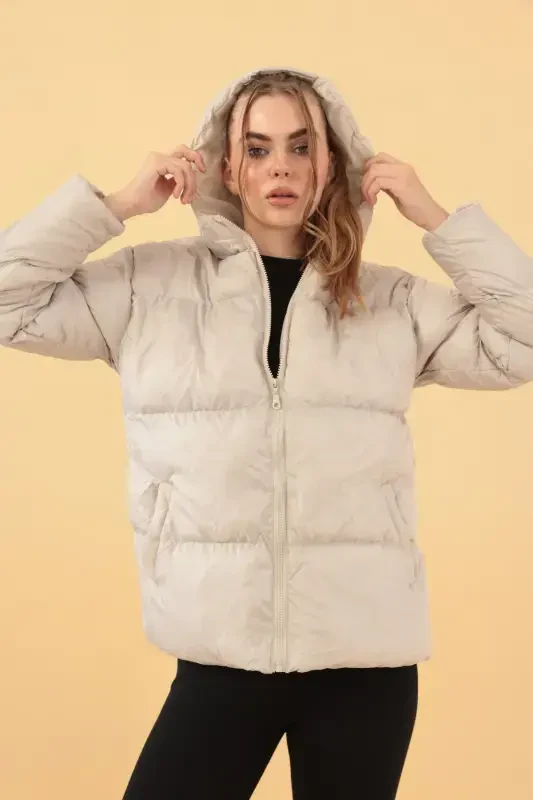 Women's Beige Hooded Puffer Jacket-Beige - 5