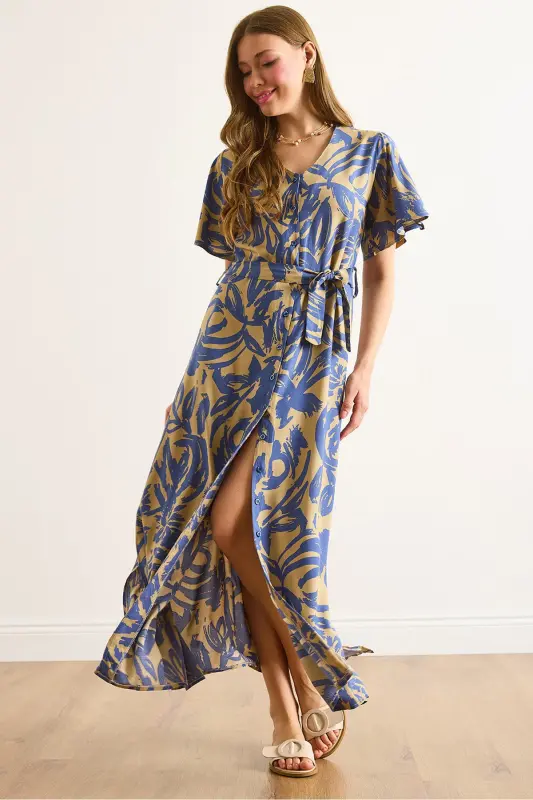 Women's Beige Indigo Buttoned Belted Maxi Viscose Shirt Dress ELB-19002382-Beige Indigo - 1