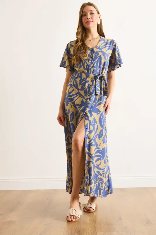 Women's Beige Indigo Buttoned Belted Maxi Viscose Shirt Dress ELB-19002382-Beige Indigo - 2