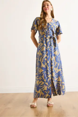 Women's Beige Indigo Buttoned Belted Maxi Viscose Shirt Dress ELB-19002382-Beige Indigo - 3