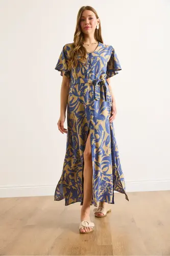 Women's Beige Indigo Buttoned Belted Maxi Viscose Shirt Dress ELB-19002382-Beige Indigo - 4