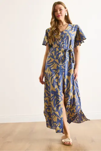 Women's Beige Indigo Buttoned Belted Maxi Viscose Shirt Dress ELB-19002382-Beige Indigo - 5