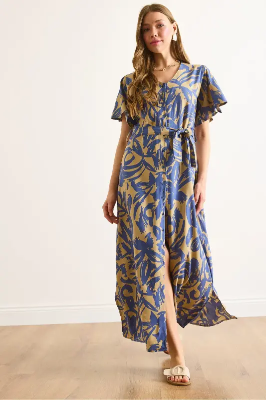 Women's Beige Indigo Buttoned Belted Maxi Viscose Shirt Dress ELB-19002382-Beige Indigo - 5