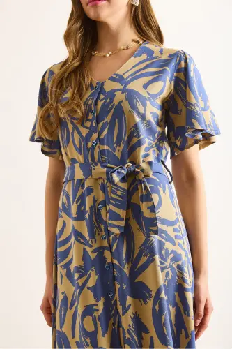 Women's Beige Indigo Buttoned Belted Maxi Viscose Shirt Dress ELB-19002382-Beige Indigo - 6