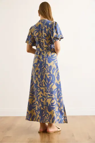 Women's Beige Indigo Buttoned Belted Maxi Viscose Shirt Dress ELB-19002382-Beige Indigo - 7