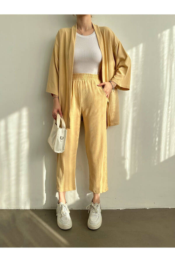 Women's Beige Kimono Pants Knit Set - 1