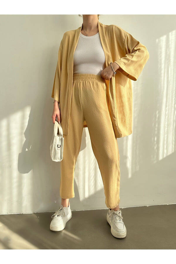 Women's Beige Kimono Pants Knit Set - 3