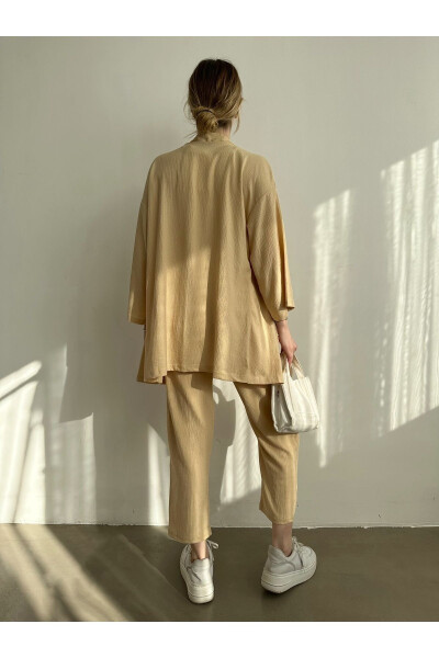 Women's Beige Kimono Pants Knit Set - 5