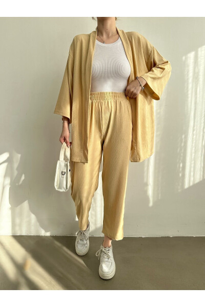 Women's Beige Kimono Pants Knit Set - 8