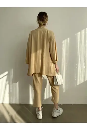 Women's Beige Kimono Pants Knit Set - 3