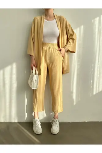 Women's Beige Kimono Pants Knit Set - 4