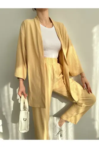 Women's Beige Kimono Pants Knit Set - 6