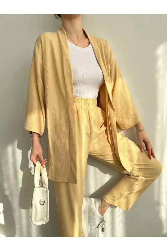 Women's Beige Kimono Pants Knit Set - 6