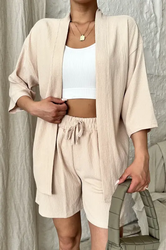 Women's Beige Kimono Shirt Shorts Set-BEIGE - 2