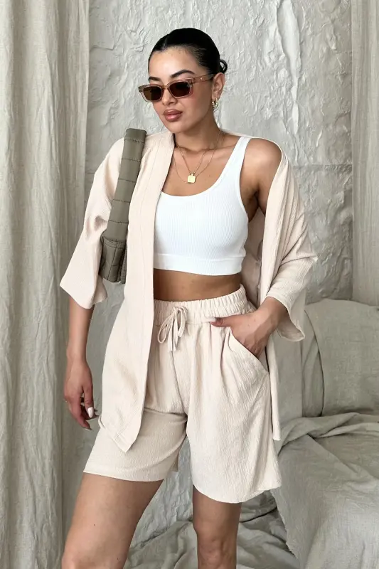 Women's Beige Kimono Shirt Shorts Set-BEIGE - 3