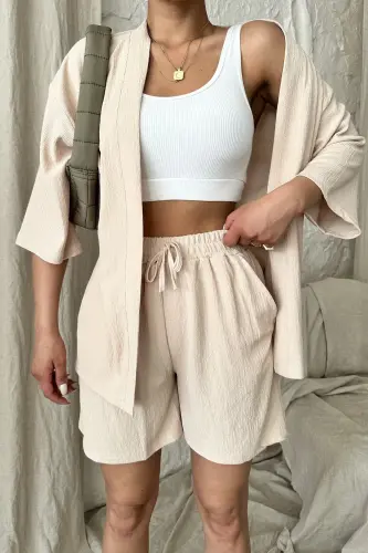 Women's Beige Kimono Shirt Shorts Set-BEIGE 