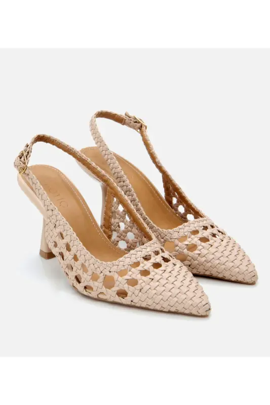 Women's Beige Knit Detailed Open Back Stiletto - 2