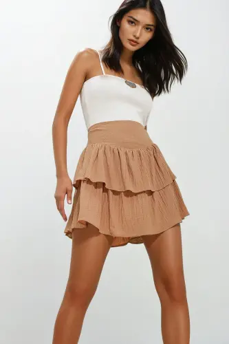 Women's Beige Layered Ruffled Hidden Zipper Lined Cotton Linen Skirt ALC-X11640-BEJ - 1