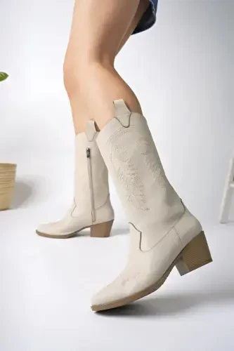 Women's Beige Leather Embroidered New Season Cowboy Boot-Beige Leather - 1