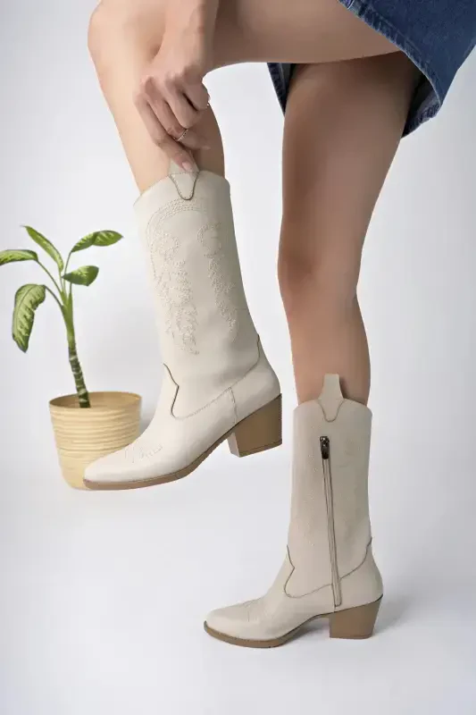 Women's Beige Leather Embroidered New Season Cowboy Boot-Beige Leather - 3