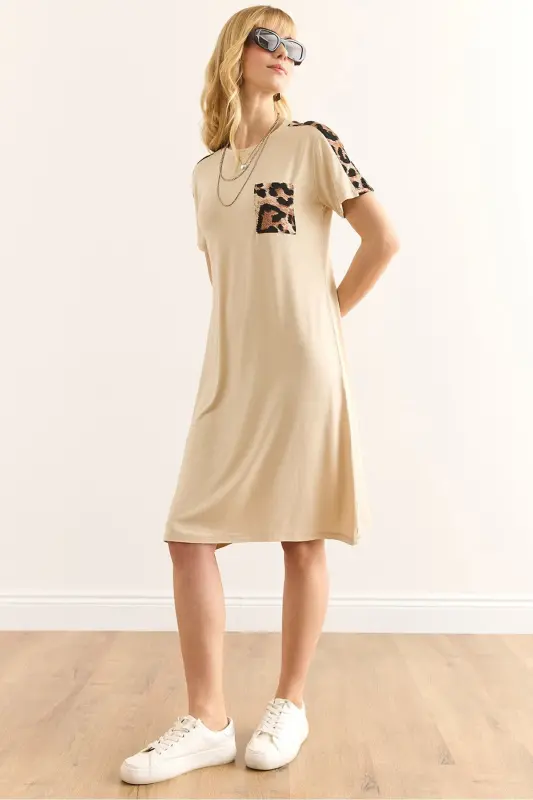 Women's Beige Leopard Trim Bicycle Collar Dress DR- - OLALOOK