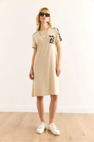 Women's Beige Leopard Trim Bicycle Collar Dress DR- - OLALOOK (1)