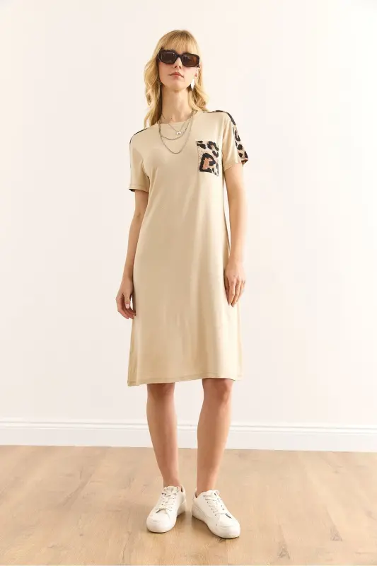 Women's Beige Leopard Trim Bicycle Collar Dress DR- - 2