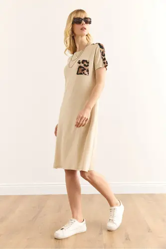 Women's Beige Leopard Trim Bicycle Collar Dress DR- - 3