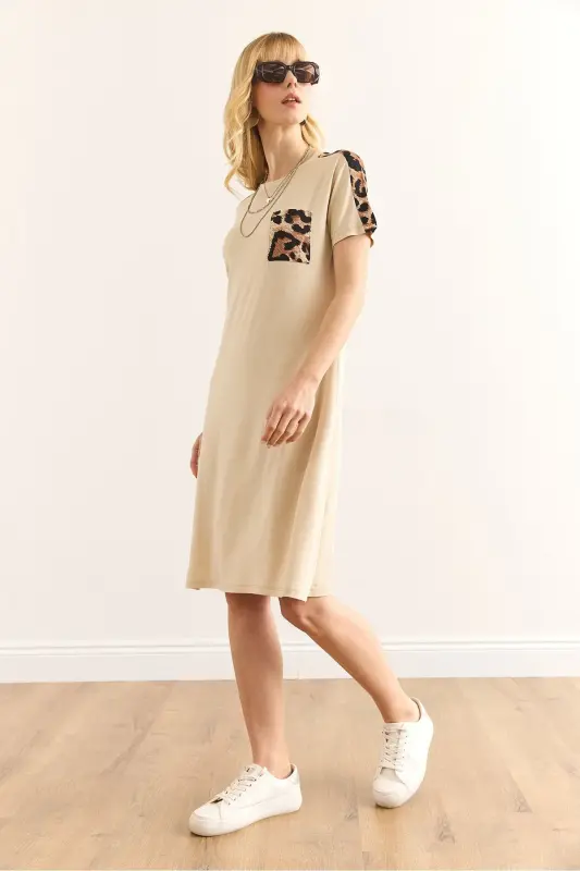 Women's Beige Leopard Trim Bicycle Collar Dress DR- - 3